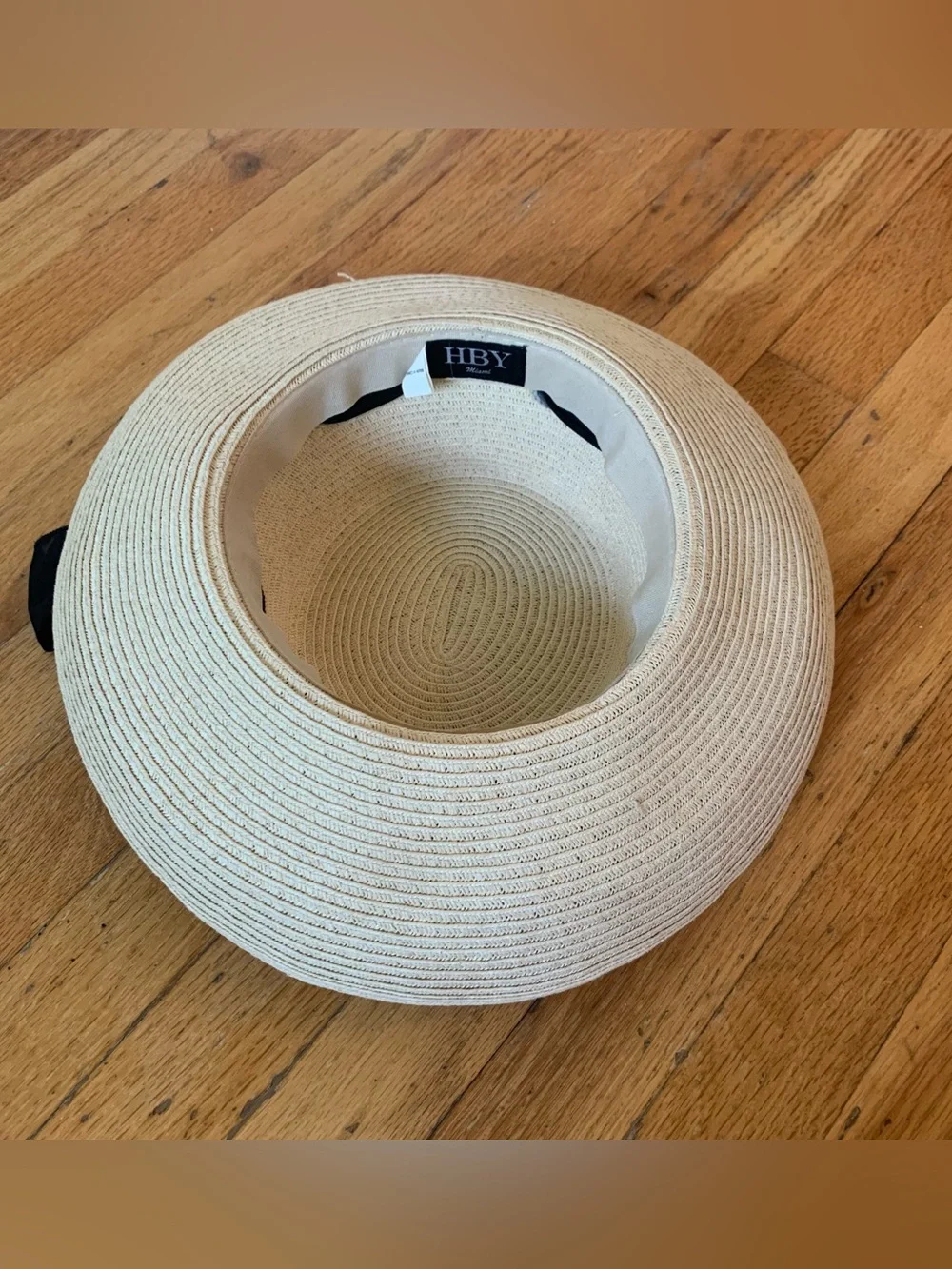 HBY Miami cream paper straw hat with black ribbon bow one size